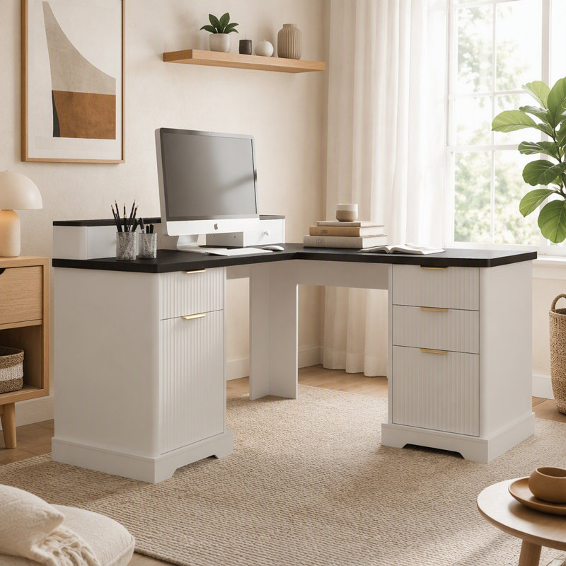 Bureau en L 59 po cannelé avec station de charge et armoire de rangement 59 po Modern