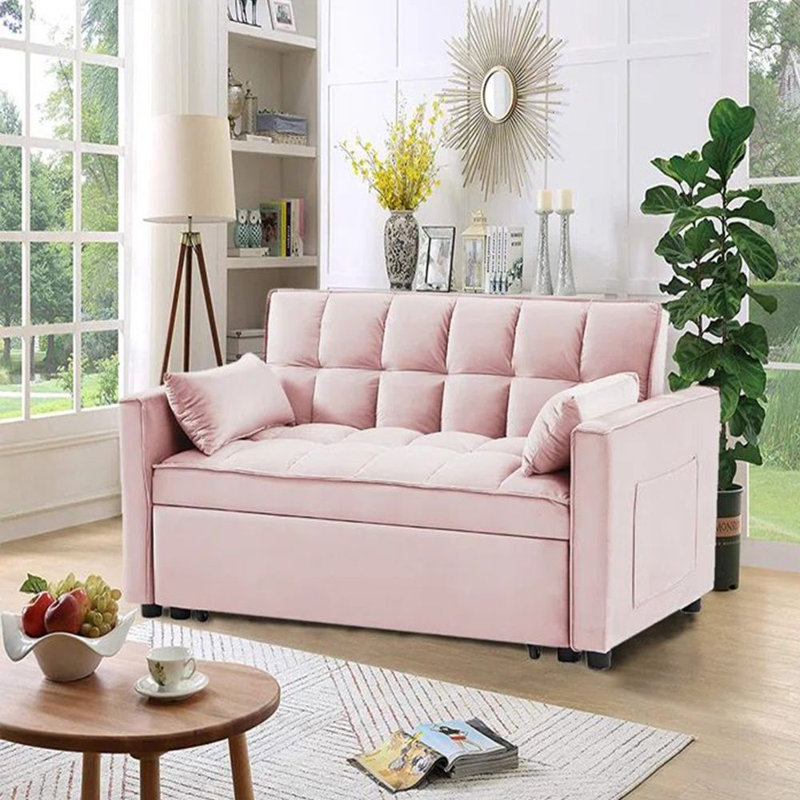 Causeuse convertible Jashlyn, Velours rose, H 31,5 po x l 53 po x P 35 po
