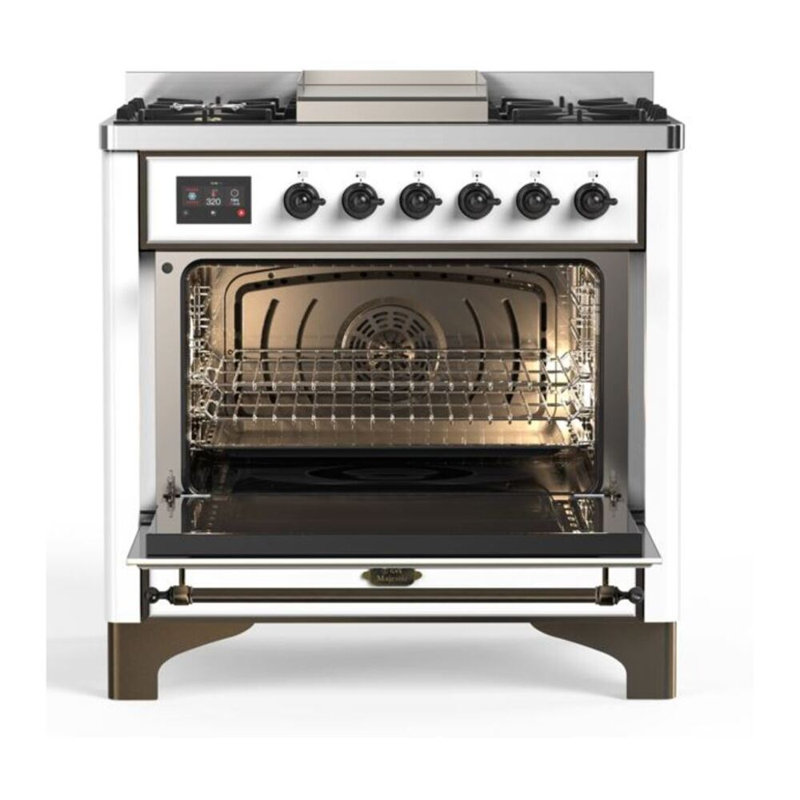 ILVE Majestic II Series 36 inch Dual Fuel Range with 6 Sealed Burners, Griddle (Solid Door), White/Bronze, Liquid Propane