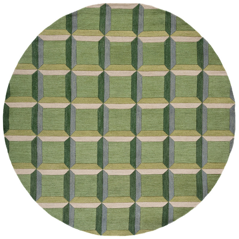 Giedre Geometric Hand Tufted Cotton/Wool Area Rug in Green/Beige, Round 3'