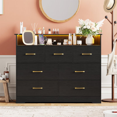 47.2 Inch Wide 7 Drawer Double Dresser – LED Light & Charging Station, Large TV Stand Cabinet with Open Shelf for Bedroom, Living Room, Entryway, Hallway (Black)