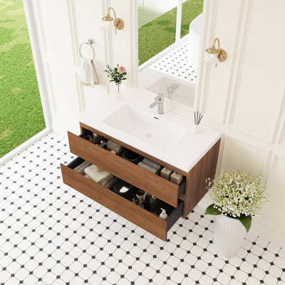 Meuble-lavabo flottant de 42 po avec lavabo, armoire de rangement et surface solide, tiroirs à fermeture en douceur - conception moderne pour un lavabo, facile à nettoyer