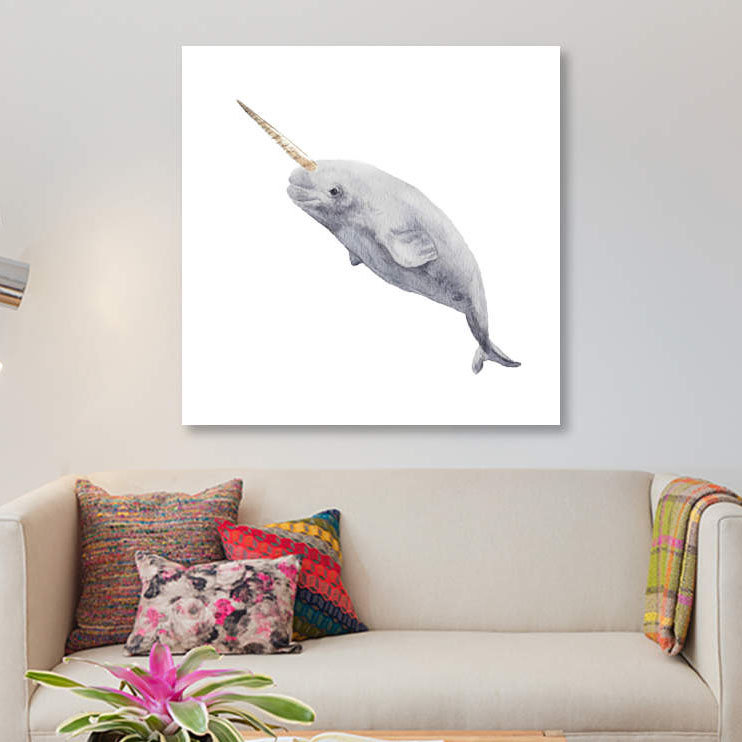 « narwhal », impression sur toile tendue, H 12 po x l 12 po x P 1,5 po, Toile tendue, Pas de tapis