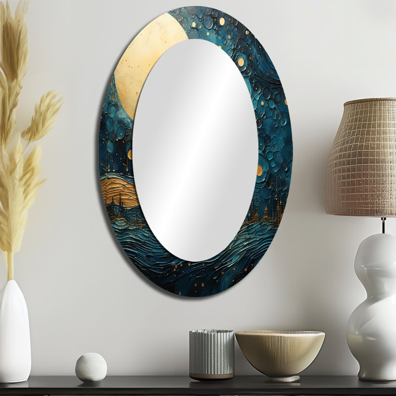 Miroir mural moderne ovale bleu lune et or Cerulean Cycle Dreams V, H 36 po x l 24 po