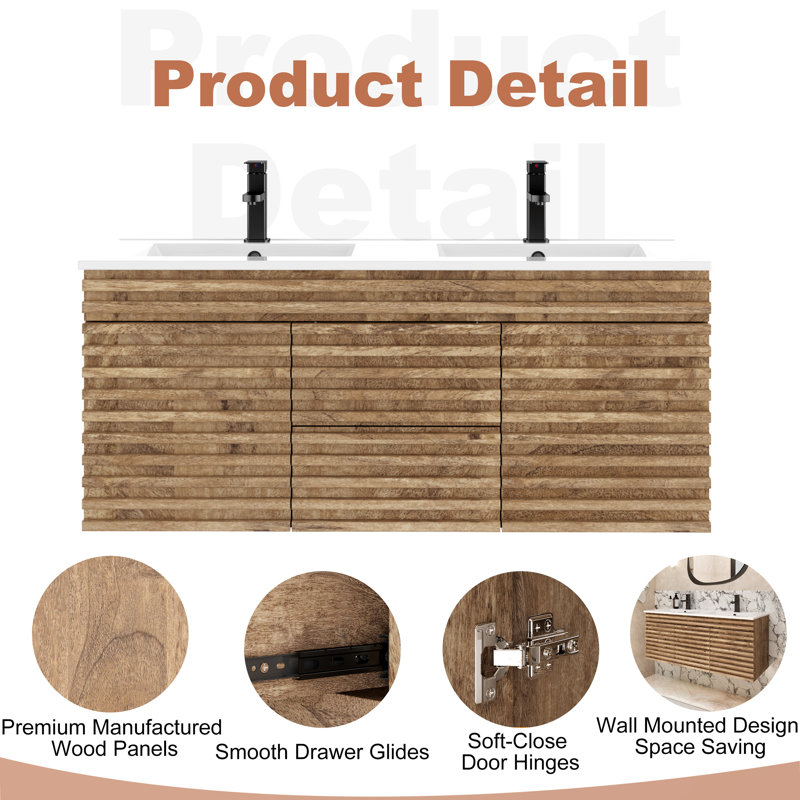 Meuble-lavabo mural double de 48 po avec plateau en résine Sharee, anti-choc, robinet économiseur d'eau, bonde escamotable Sharee