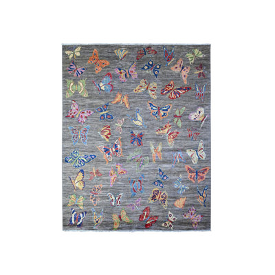 Tapis oriental rectangulaire gris en laine noué à la main 7 pi 8 po x 9 pi 7 po - MOA10288278