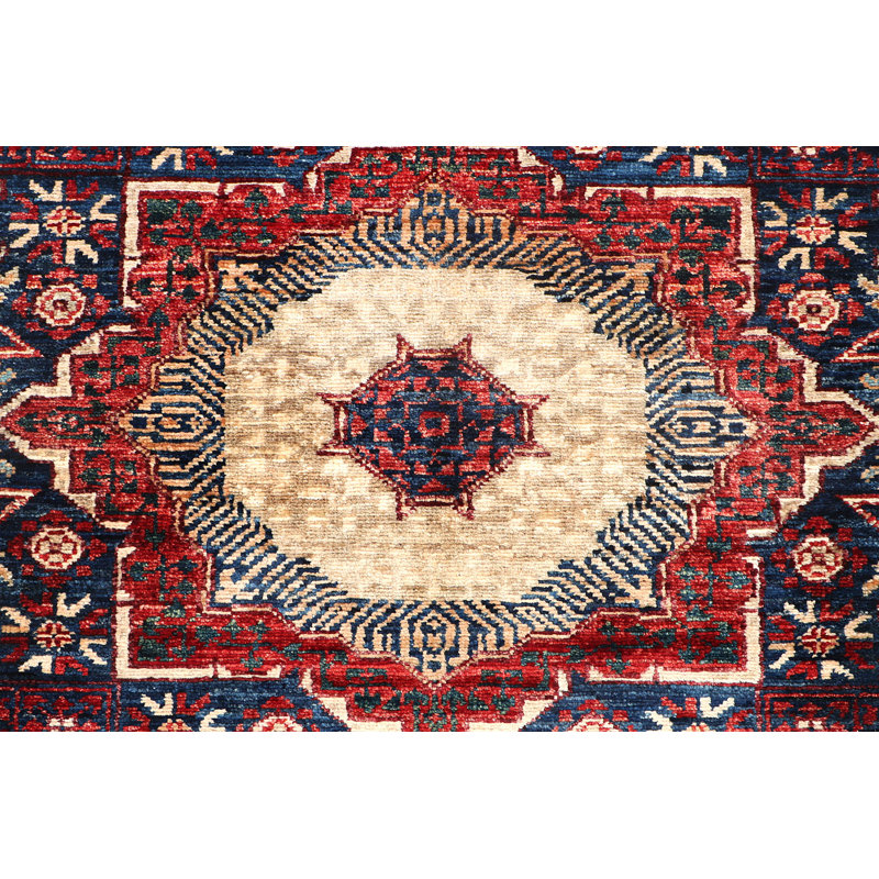Hand-Knotted High-Quality Navy, Red, and Beige Runner
