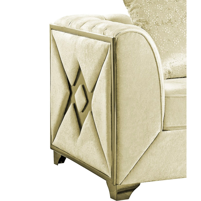 Ensemble de salon 3 pièces crème avec sièges en velours, garniture en «X» doré et capitonnage élégant, fauteuil 3 pi