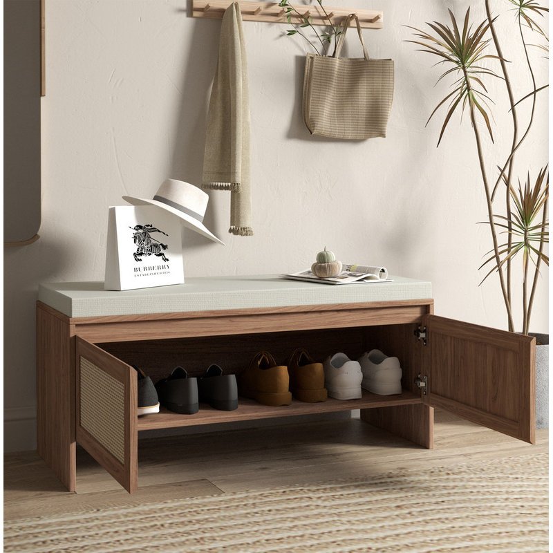 PP Rattan Storage Bench with Cushion, Faux Rattan Shoe Cabinet with 2 Doors, Mid-Century Modern Wood Entryway Seat, for Bedroom, Hallway, Mudroom, Natural Finish