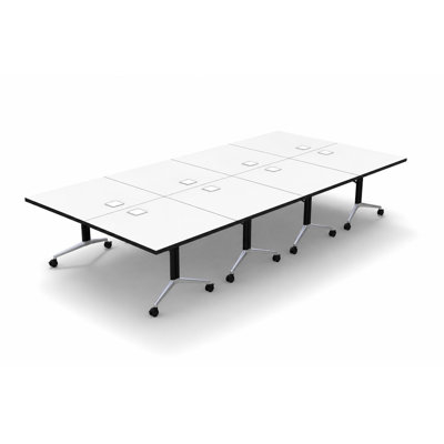 Ensemble de table de conférence et de conférence pliable 4 pièces pour jusqu'à 18 personnes avec dessus blanc épais, bases chromées, roulettes et barres d'alimentation - Sièges non inclus