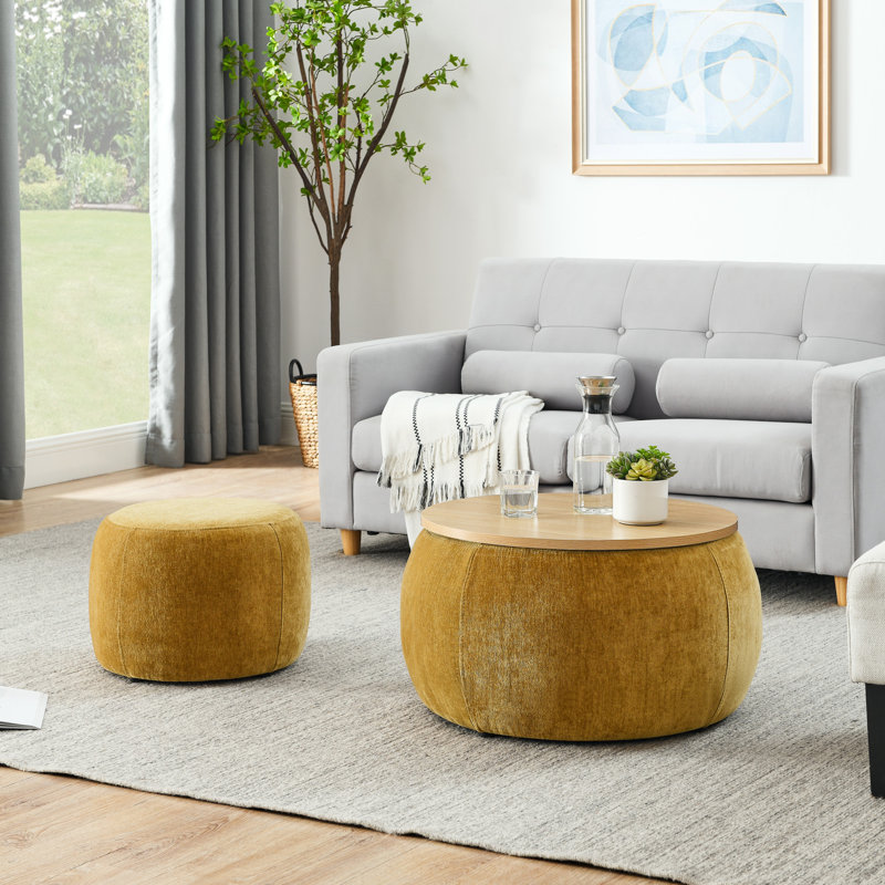 Repose-pieds rond avec rangement, fonction 2 en 1, table de bout avec repose-pieds, avec petit siège, Jaune foncé