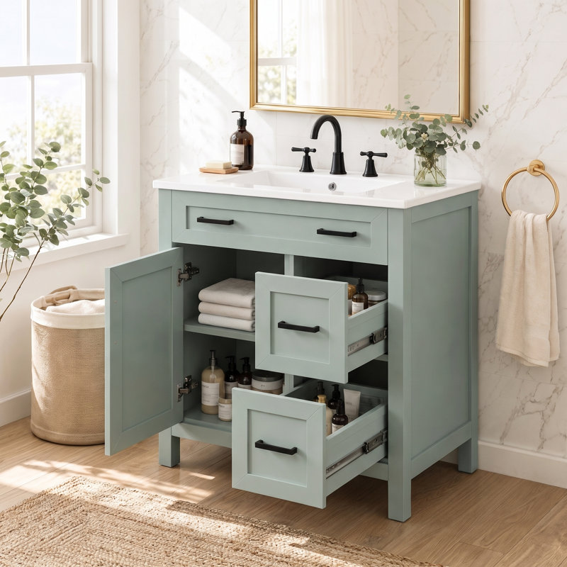 Meuble-lavabo de 30 po en bois avec cadre en bois massif, 1 porte à fermeture douce, 2 tiroirs à fermeture douce, tablette réglable, armoire de rangement moderne