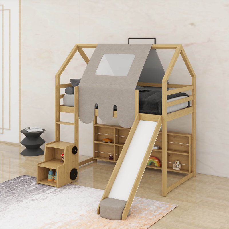 Wooden Loft Bed House-Shaped Frame With A Tent, Natural/Beige, Twin