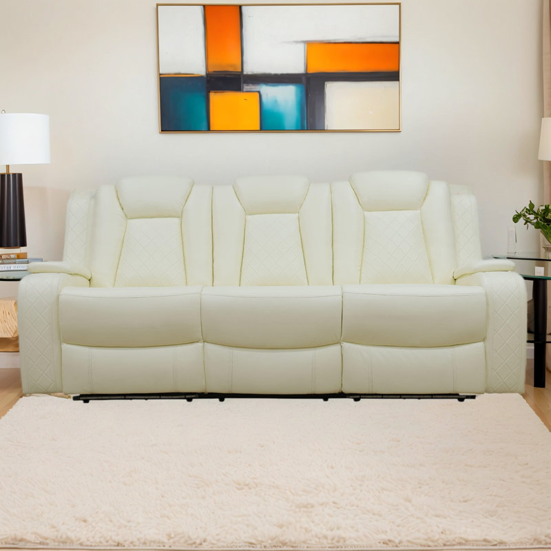 83" Breathable Leather Power Reclining Sofa with Wireless Chargers and Blue LED Light, Cream