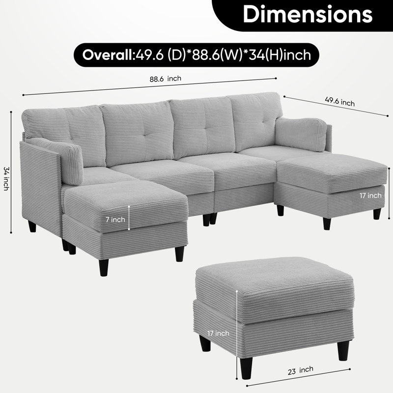 88.6" U-Shape Corduroy Sectional – 2 Movable Ottomans, Cloud-Like Comfort, Gray