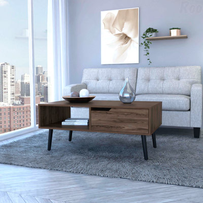 Coffee Table With One Open Shelf And One Drawer Dark Walnut Finish