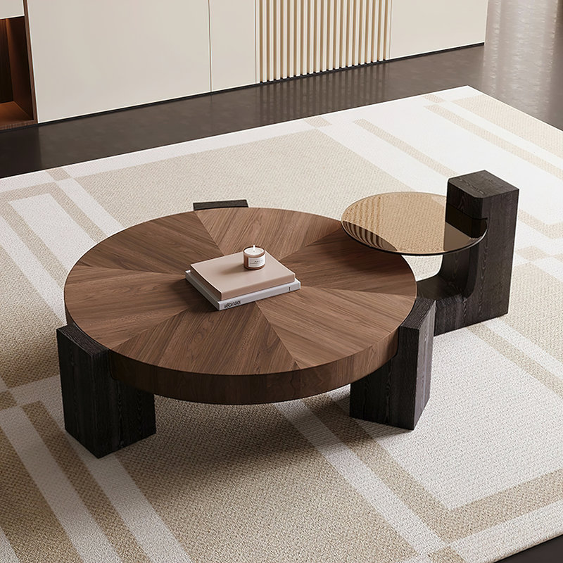 Ensemble de tables basses modernes 2 pièces, tables gigognes en noyer et verre à thé avec base géométrique 36,6 po