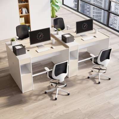 Okeysen Modular 4 Person Bar Height Benching Workstation & 4 BIFMA Certified Tall Office Chairs Set