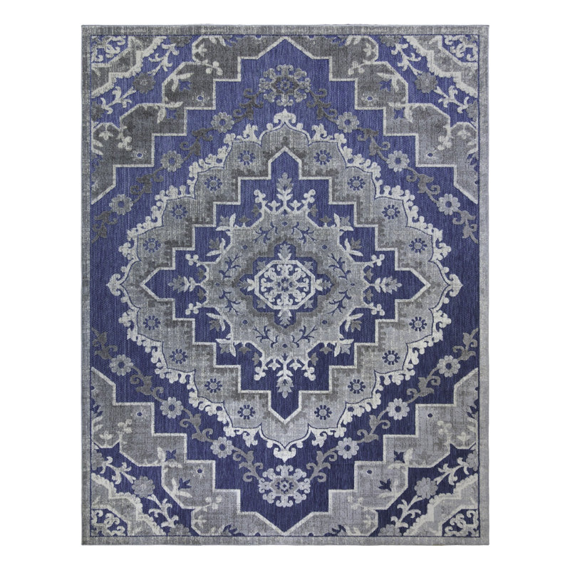 Blue and Gray Synthetic Flat Woven Reversible Area Rug 5' x 7'