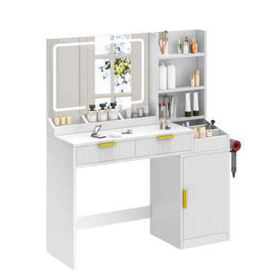  45.5" Fluted Makeup Vanity Desk With Mirror And Lights