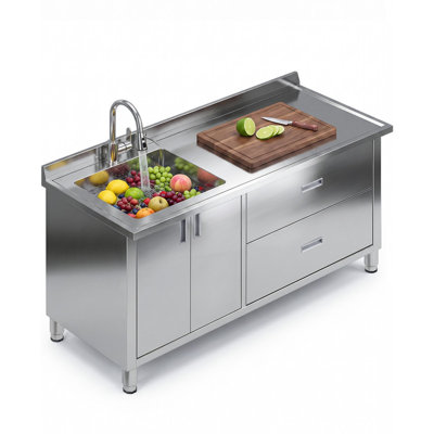 Meuble sous-évier de cuisine autoportant en acier inoxydable avec évier profond, robinet extractible, double porte et 2 tiroirs pour usage domestique et commercial