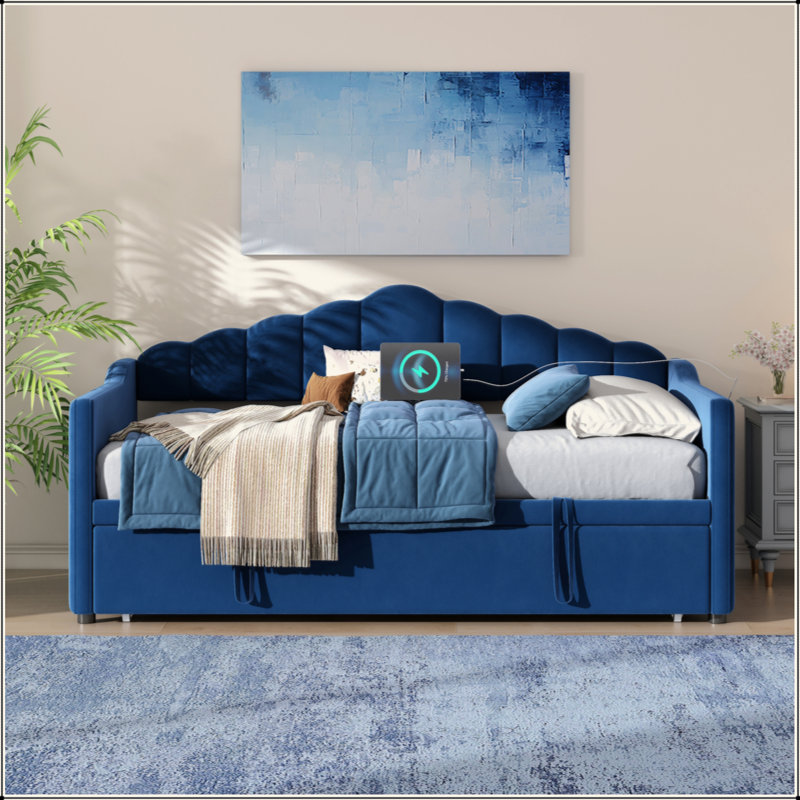 Lit de jour rembourré avec couchette escamotable réglable en hauteur, ports USB et Type-C intégrés, poches de rangement latérales, aucun sommier requis