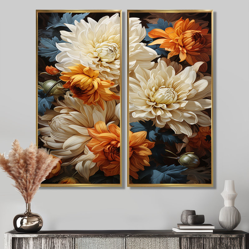 «Chrysanthemums Autumn Gold Showcases - Chrysanthemums Wall Art Decor», ensemble de 2 impressions sur toile florales beiges
