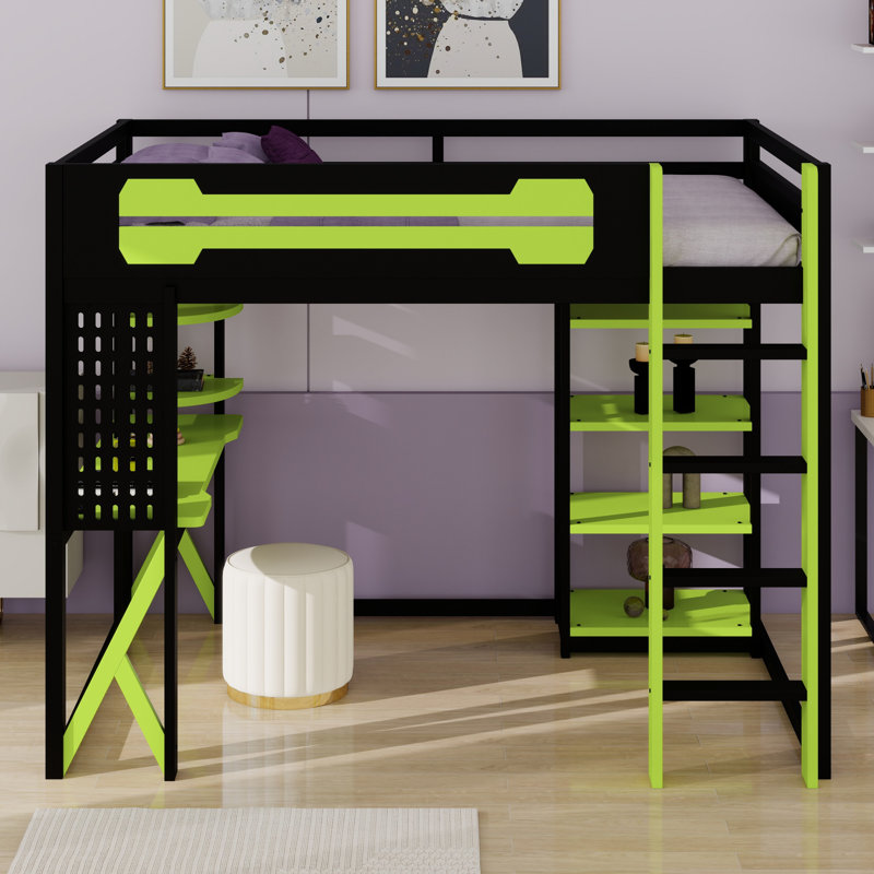 Lit mezzanine complet avec bureau, tablettes, Noir/vert