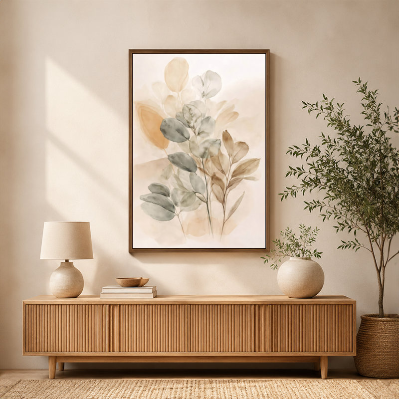 Art mural sur toile de feuilles botaniques avec cadre flottant, prêt à être suspendu, 16 x 24 po, Beige