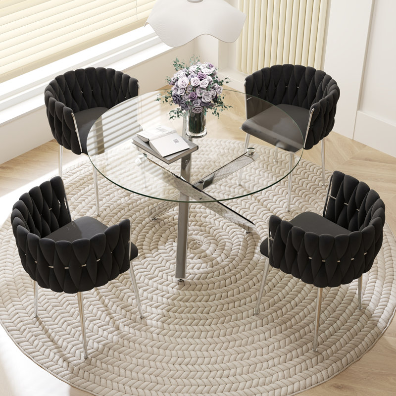 Ayron Round Restaurant Dining Set, Clear Dining Table with Cross Legs with Velvet Dininig Chair for Small Space and Dining Room