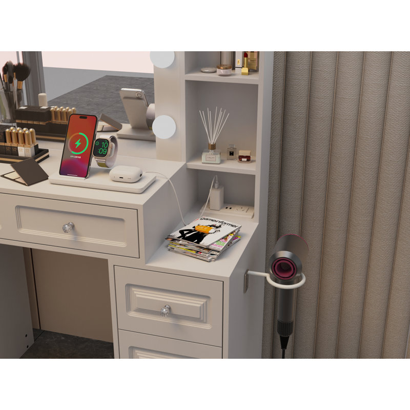 Bureau de coiffeuse avec miroir et lumières, coiffeuse de maquillage avec plateau en verre et tiroirs et tabouret rembourré, coiffeuse avec tiroirs, coiffeuse pour chambre