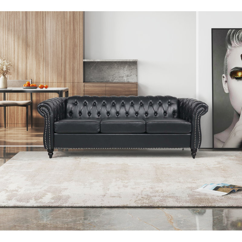 Annalena 84.65'' Faux Leather Sofa, Black Faux Leather