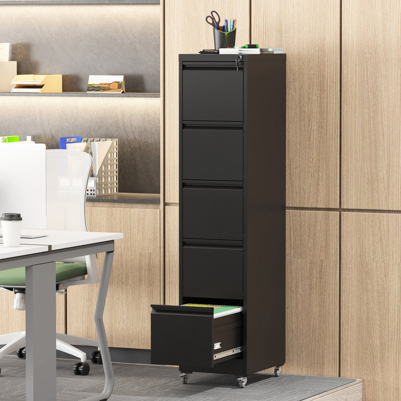 Vertical File Cabinet With 5 Drawers, Wheels For Mobility, Metal Storage A4/Letter/Legal Size Papers, White, 17.71"D*15.33"W*65.85"H, Secure Locking System, Construction Quiet Drawer Operation