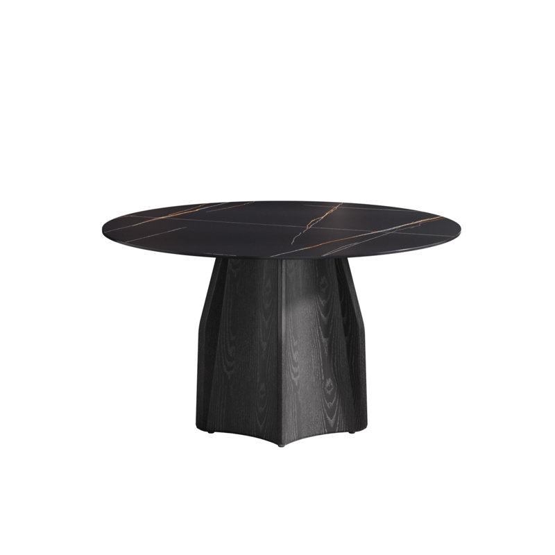 Table de salle à manger 53 po ronde en marbre avec base en bois massif texturé noir, marbre artificiel pour 6 personnes