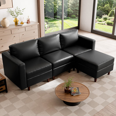 4-Piece 91.5'' Reversible Modern L-Shape Sectional Sofa With Storage Seat- Faux Leather Black