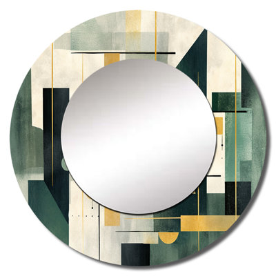 Gold Green Parallel Universes - Abstract Shapes Decorative Wall Mirror, Modern Round Mirror, Printed Metal Art