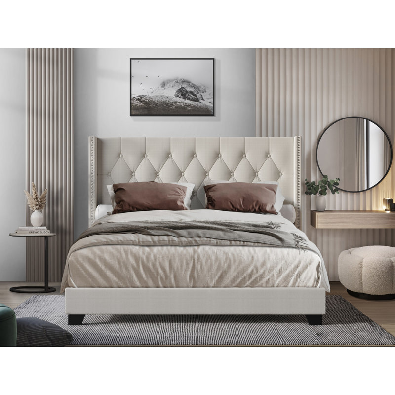 Amberlee Upholstered Wingback Bed, Warm Gray, Full