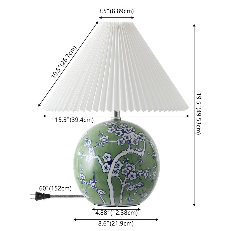 Egidius 19.5" Cottage Classic Chinoiserie Ceramic Orb LED Table Lamp with Pleated Shade, Green/White