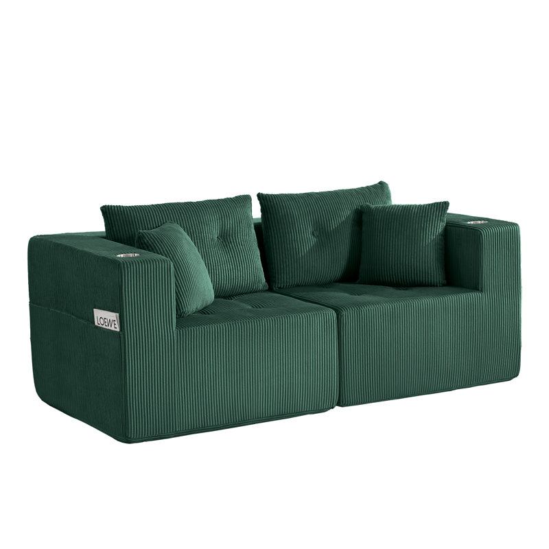 Causeuse moderne en velours côtelé avec mousse durable à haute densité, deux coussins décoratifs et porte-gobelets intégrés pour un confort ultime