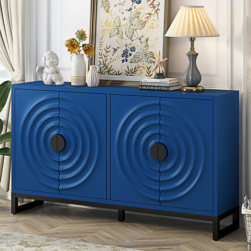 Storage Cabinet Sideboard With Stunning Water Wave Door Design, Navy Blue