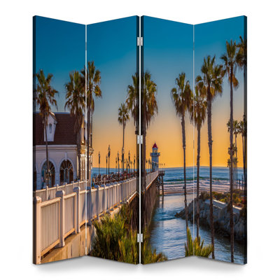 4 Panels Folding Screen Room Divider Royal Pier sunset Oceanside Canvas Screen Room Separator Freestanding Protective Wall Divider Privacy Partition