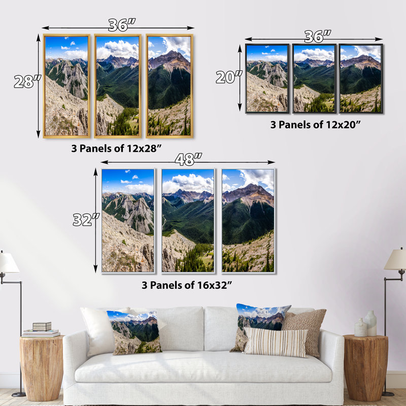 Rocky Mountains Panorama - ensemble de 3 reproductions sur toile, Cadre noir, H 32 po x l 48 po x P 1 po