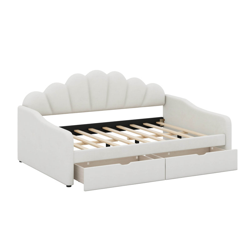 Canapé-lit double rembourré moderne pleine grandeur avec dossier et tiroirs de rangement, Beige