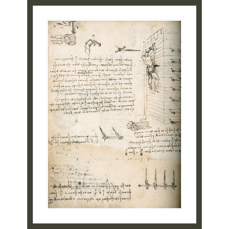 Cahier, dessin de grappins par Leonardo Da Vinci - impression giclée encadrée, H 41,5 po x l 31,59 po
