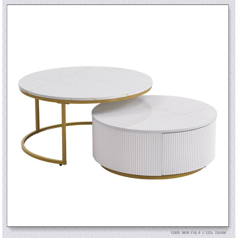 Table basse gigogne ronde moderne cannelée avec tiroir en blanc et or 31,5 po, Blanc