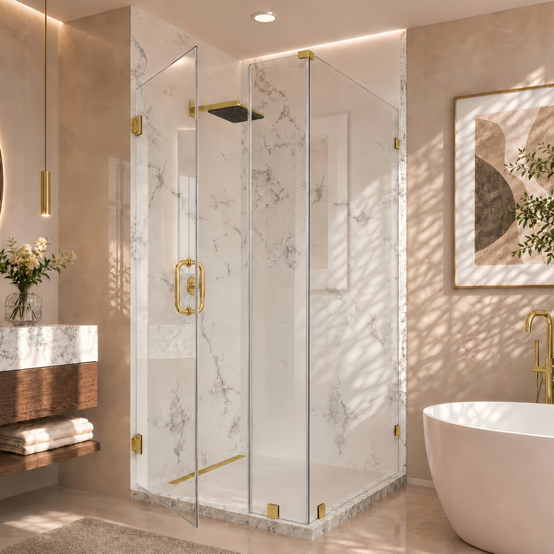Cabine de douche d'angle à charnières murales sans cadre Nirvana, 89 cm L x 89 cm P x 203 cm H, verre clair facile à nettoyer de 10 mm d'épaisseur, finition or brossé