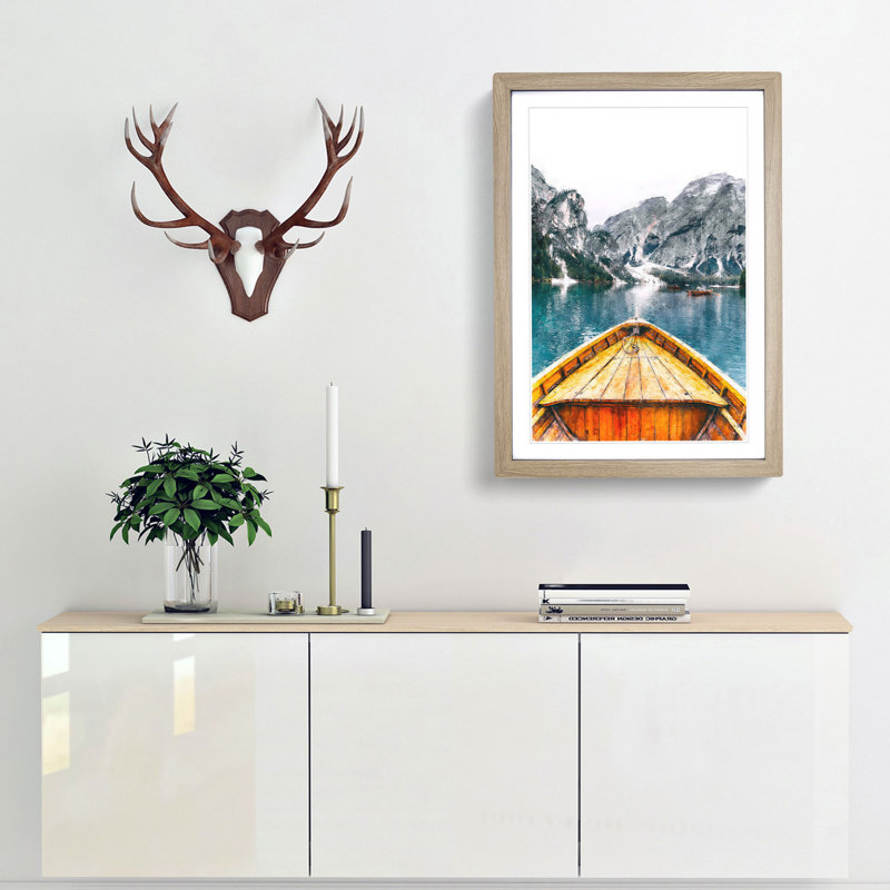 Boat in Lago di Braies Italy Abstract - Picture Frame Graphic Art Print, 63cm H x 45cm W x 2cm D, Oak Framed