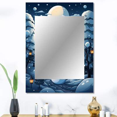 Bleu et blanc Frosty bonhomme de neige paysage II - miroir mural paysage d'hiver, miroir décoratif traditionnel, impression d'art en métal