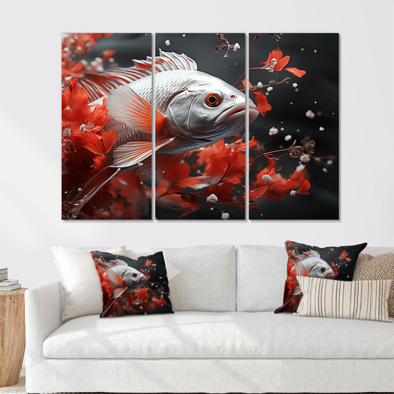 Poisson rouge et gris Kois nageant avec sérénité III - ensemble d'art mural sur toile Kois Fish, H 32 po x l 48 po x P 1 po