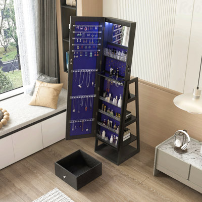 360°Swivel Jewelry Cabinet with Full Length Mirror, 360°Rotating Standing Jewelry Armoire Organizer, Lockable Storage Cabinet, Interior Lighted Mirror and Storage Drawers, Black
